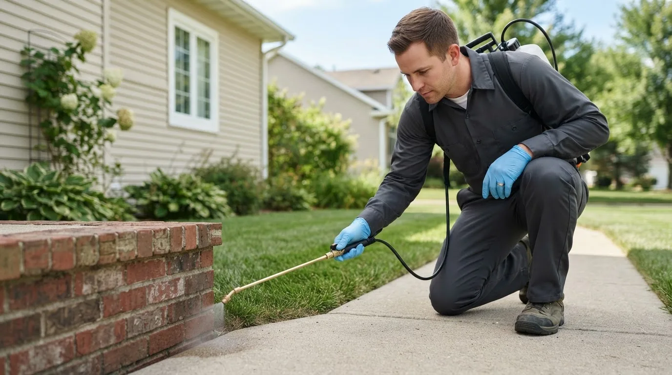 Pest control technician treating a home near Cedar Park, TX